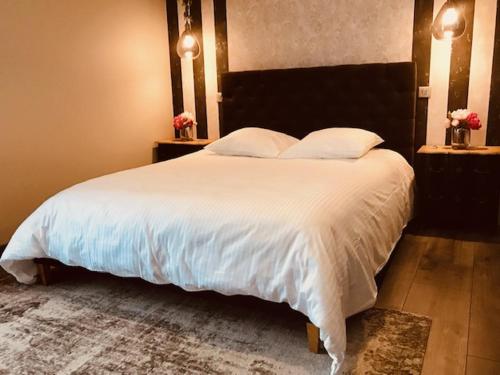 萨尔拉拉卡内达Les Chambres d'Hotes chez Alisa et Daniel的卧室配有一张带白色床单和枕头的大床。