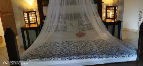 科洛里曼丁哥山林小屋的床上挂有蚊帐的床