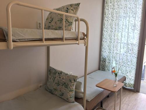 釜山釜山因塞德旅舍的小房间设有双层床和桌子