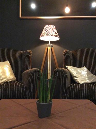 泽伊恩克尔克Boutique Hotel Butler的一间有两把椅子和一棵植物的房间的灯