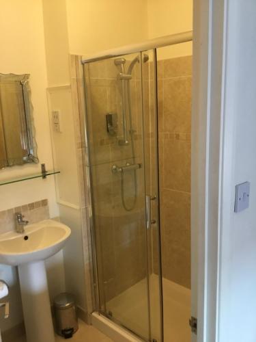 滨海绍森德鹅卵石旅馆的带淋浴和盥洗盆的浴室