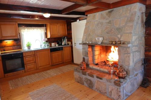 FedaDet Hvite Hus的一间厨房,在房间内配有石制壁炉