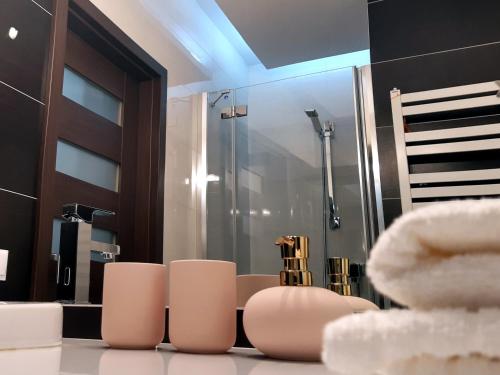 比亚韦斯托克Emerald Apartament的带淋浴的浴室和一些白色椅子