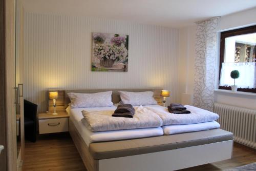温特贝格Ferienwohnung Bergluft的一间卧室配有一张床,上面有两条毛巾