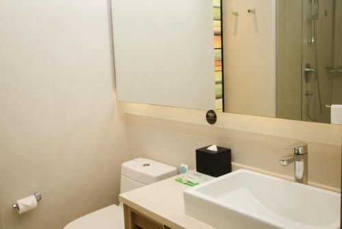宝安深圳机场凯悦嘉轩酒店的一间带水槽、卫生间和镜子的浴室