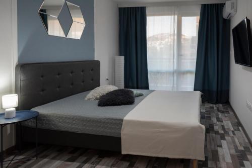 布尔加斯SOS CoMFORT的一间卧室配有一张带蓝色墙壁的大床