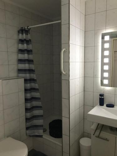 柏林Klein App in Alt - Tegel的带淋浴、卫生间和盥洗盆的浴室