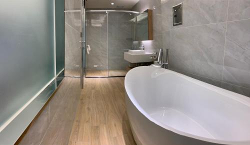 苗栗市王府大饭店的带浴缸、淋浴和盥洗盆的浴室