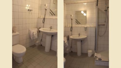 Helferskirchen阿尔特维耶韦德酒店的一间带两个盥洗盆和卫生间的浴室