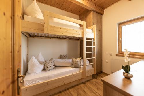 瑟绍Weingarten & Appartement Auszeit - Therme Loipersdorf的小屋内设有一间带两张双层床的卧室