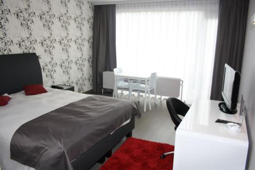 奥纲赖泽全景酒店的一间卧室配有一张床和一张书桌及电视