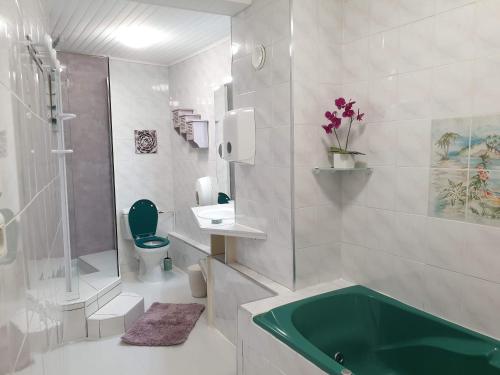 DruillatGîte MARIUS的一间带绿色浴缸和淋浴的浴室