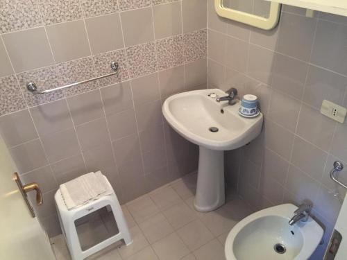 焦约萨马雷阿Villa Ridente Apartament的一间带水槽和卫生间的小浴室