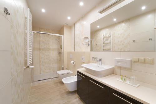 卡尔帕奇Artus Resort的一间带水槽、卫生间和淋浴的浴室