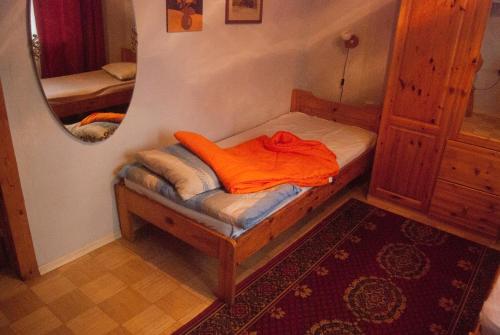塔尔图伊阿遂加家庭寄宿旅馆的一张小床,位于带镜子的房间里