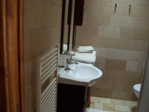 法萨诺Agriturismo Locanda Ventura的浴室配有盥洗盆、卫生间和毛巾。