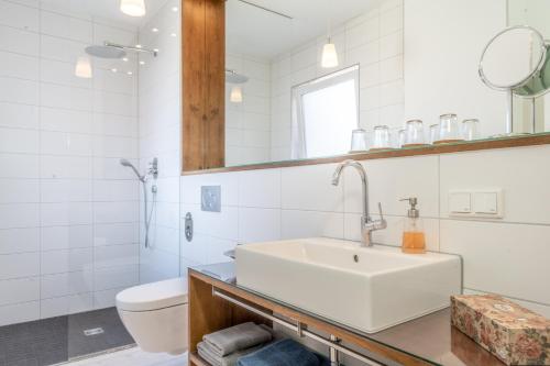 纽伦堡Ferienwohnung Ludwigstrasse的白色的浴室设有水槽和卫生间。