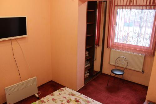 切尔尼戈夫Квартира-студия的一间卧室设有一张床、一台电视和一个窗口。