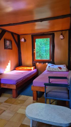 米科瓦伊基Domek pod lasem的客房设有两张床和窗户。