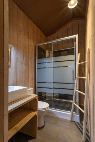 GoebelsmuhleLodgetent的一间带卫生间、水槽和镜子的浴室