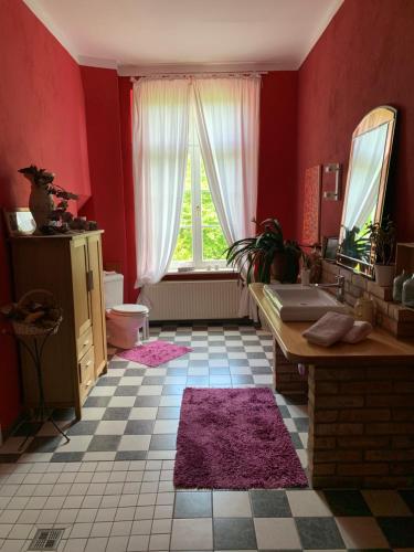 DargunGutshaus Schwarzenhof的浴室设有红色的墙壁、水槽和镜子