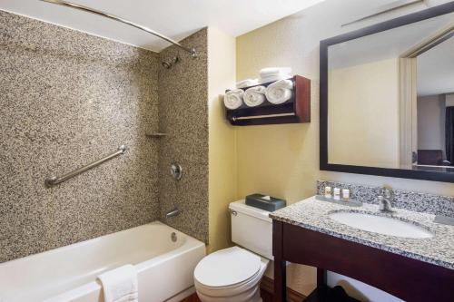 奥克兰奥克兰机场体育馆拉金塔旅馆及套房的一间带卫生间、水槽和镜子的浴室