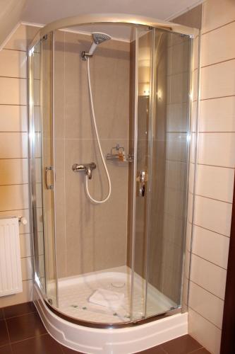 布拉索夫维拉特拉佩兹酒店的浴室里设有玻璃门淋浴
