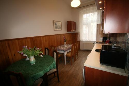 卡罗维发利Apartment No. 16B Svahová 14的一间带桌子的厨房和一间餐厅