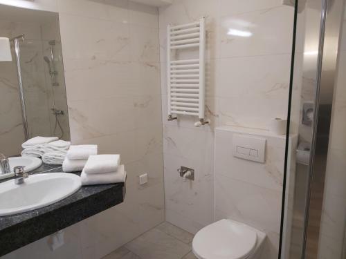 克拉根福Appartement Aragia的一间带水槽、卫生间和淋浴的浴室