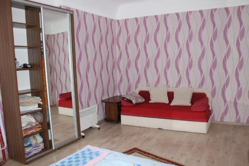 切尔尼戈夫Исторический центр的客厅配有红色的沙发和镜子