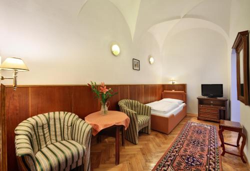 捷克克鲁姆洛夫康维斯酒店的酒店客房带一张床、一张桌子和椅子