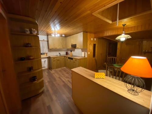 格林德尔瓦尔德格林德瓦博格露奥公寓的厨房配有木制橱柜和带台灯的桌子