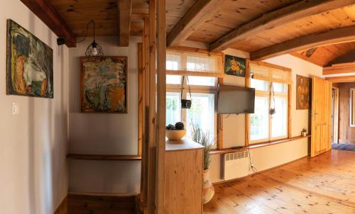 格但斯克Domek Malarza Matarnia的客厅设有木制天花板和大窗户。