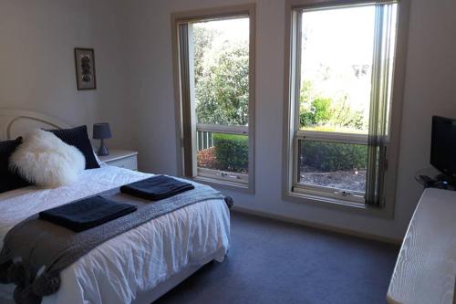 维克多港Victor Central Cottage Perfect Location的一间卧室设有一张床和两个窗户。