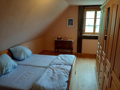 蒂蒂湖-新城Schwarzwaldblick的一间卧室设有两张床和窗户。