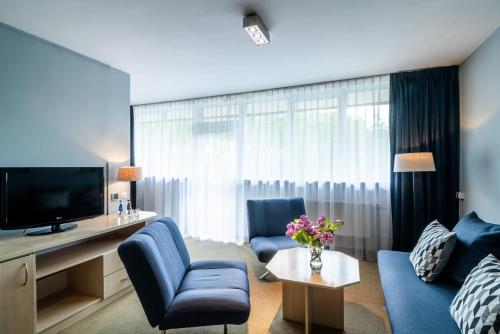 什恰夫尼察Hotel Nawigator Szczawnica的客厅配有蓝色的沙发和电视