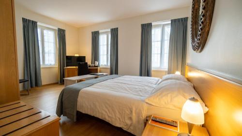 布勒Hôtel du Cheval Blanc - City center的一间卧室设有一张大床和窗户。