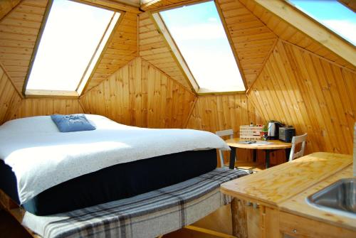 Litli-ÁrskógssandurSky sighting Iglúhús - Stay'in Árbakki的小木屋内的卧室配有一张床和水槽
