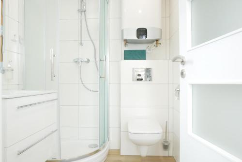 罗斯诺夫·波德·拉德霍斯滕COMFORT Rožnov的带淋浴和卫生间的白色浴室