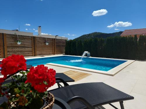 希贝尼克Villa Belitzein with swimming pool的庭院里一座种有红色鲜花的游泳池