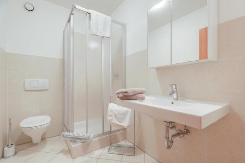 圣马蒂诺Kelderer Hof - Appartment Meran的一间带水槽、淋浴和卫生间的浴室