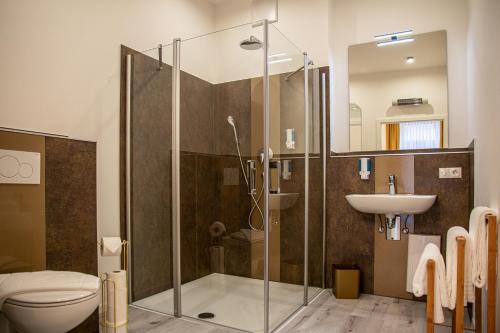 班贝格City Hotel Bamberg的带淋浴、卫生间和盥洗盆的浴室