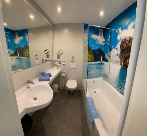 上施莱斯海姆蓝鲤鱼酒店的浴室配有盥洗盆、卫生间和浴缸。