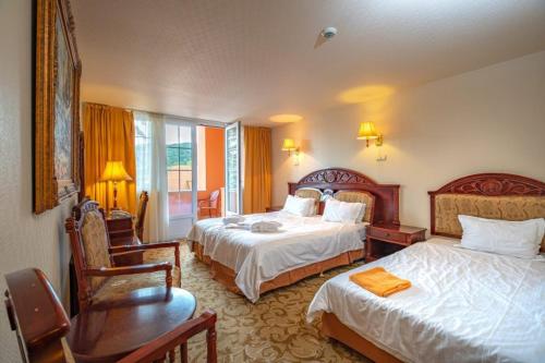 艾斯特根贝尔维尤埃斯泰戈姆酒店的酒店客房配有两张床和一张书桌