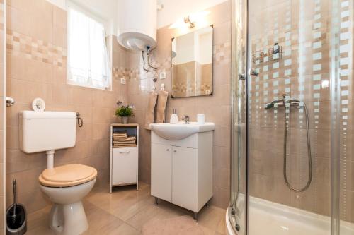 木洛希尼Muzic Budget Double Room的浴室配有卫生间、盥洗盆和淋浴。