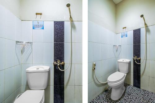 三宝垄Griya Stadion的浴室的两张照片,配有卫生间和水槽