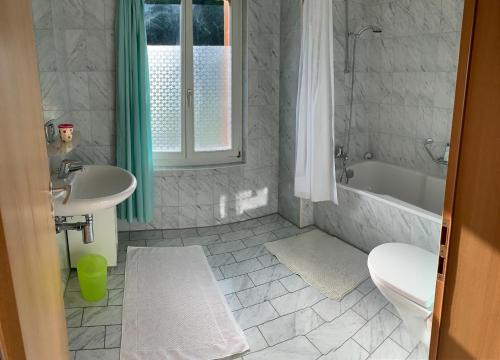 哈斯利伯格玛特特里住宿加早餐旅馆的一间带水槽、浴缸和卫生间的浴室