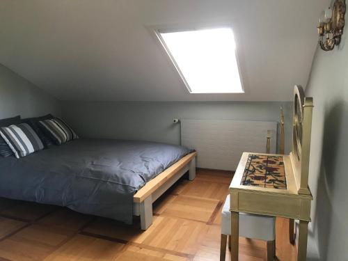 尼翁Lac et Mont-Blanc的一间卧室配有一张床、天窗和一张桌子。