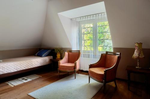 纳文丘夫Dom z widokiem na Park的一间卧室配有一张床、两把椅子和一个窗户
