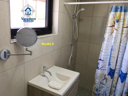 奥拉涅斯塔德Varadero Marina Airport Guests Rooms的一间带水槽和淋浴帘的浴室